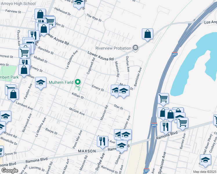 map of restaurants, bars, coffee shops, grocery stores, and more near 12141 Emery Street in El Monte