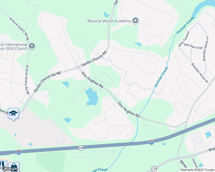 map of restaurants, bars, coffee shops, grocery stores, and more near 2431 Doc Hughes Road in Buford