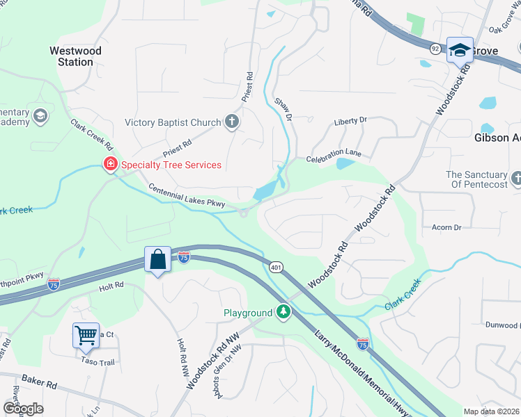 map of restaurants, bars, coffee shops, grocery stores, and more near 242 Anniversary Lane in Acworth