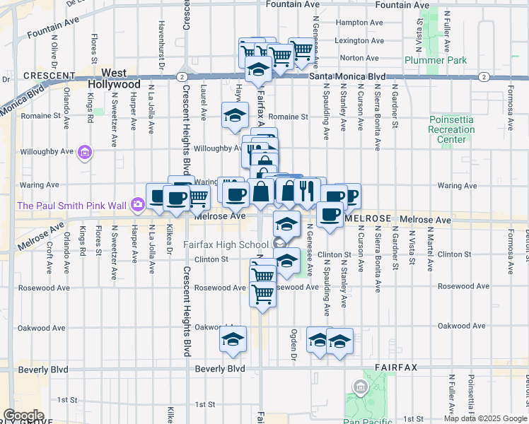 map of restaurants, bars, coffee shops, grocery stores, and more near 7875 Melrose Avenue in Los Angeles