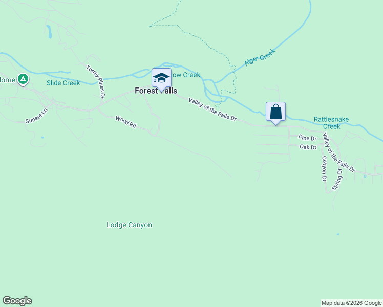 map of restaurants, bars, coffee shops, grocery stores, and more near 9319 Wood Road in Forest Falls