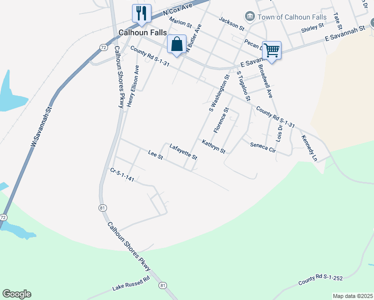 map of restaurants, bars, coffee shops, grocery stores, and more near 306 South Washington Street in Calhoun Falls
