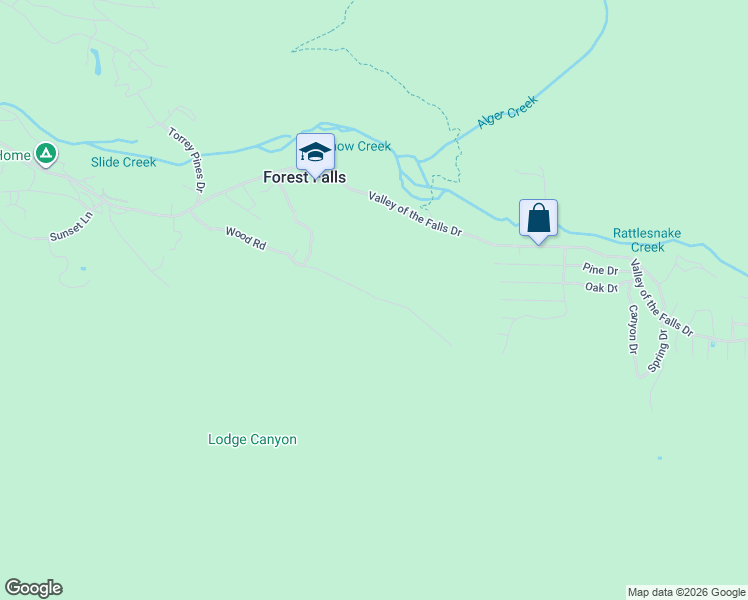 map of restaurants, bars, coffee shops, grocery stores, and more near 9320 Wood Road in Forest Falls