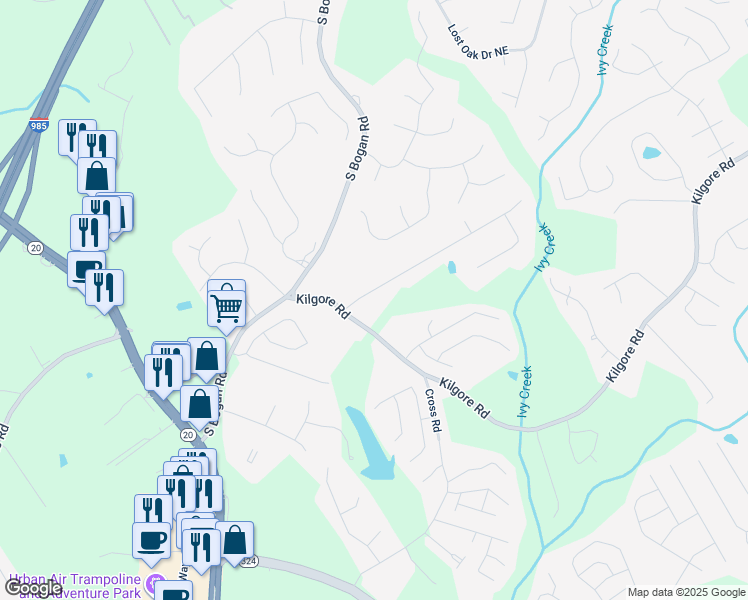 map of restaurants, bars, coffee shops, grocery stores, and more near 2183 Ivy Crest Drive in Buford
