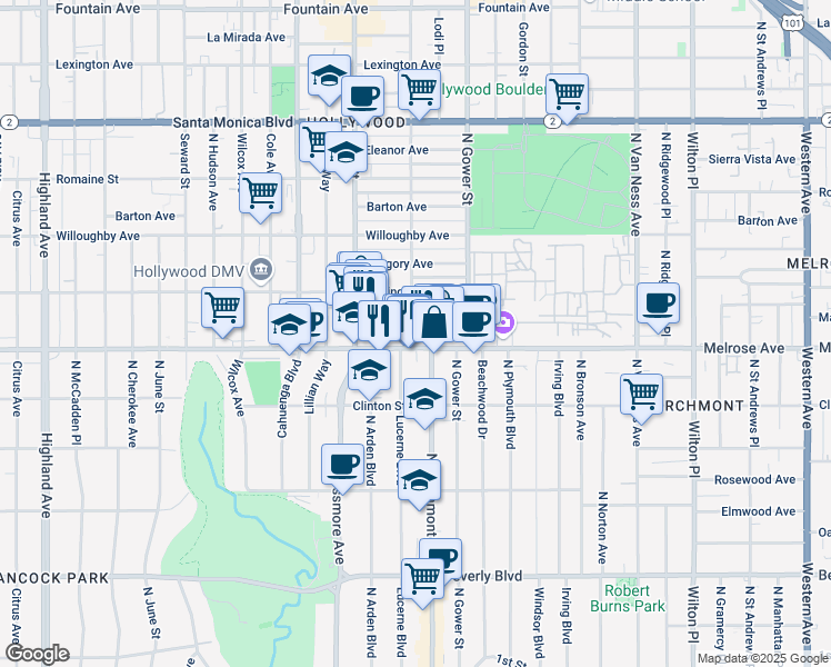 map of restaurants, bars, coffee shops, grocery stores, and more near 710 North El Centro Avenue in Los Angeles