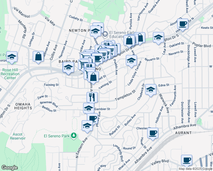 map of restaurants, bars, coffee shops, grocery stores, and more near 4940 Twining Street in Los Angeles