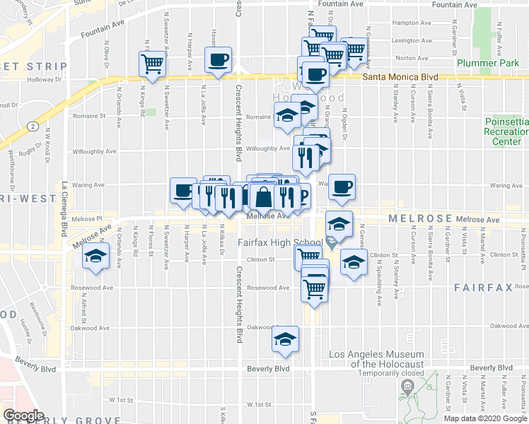 map of restaurants, bars, coffee shops, grocery stores, and more near 731 North Laurel Avenue in Los Angeles