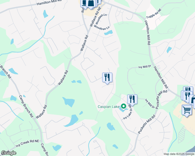map of restaurants, bars, coffee shops, grocery stores, and more near 2955 Victoria Park Drive Northeast in Buford