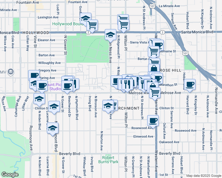 map of restaurants, bars, coffee shops, grocery stores, and more near 712 North Van Ness Avenue in Los Angeles