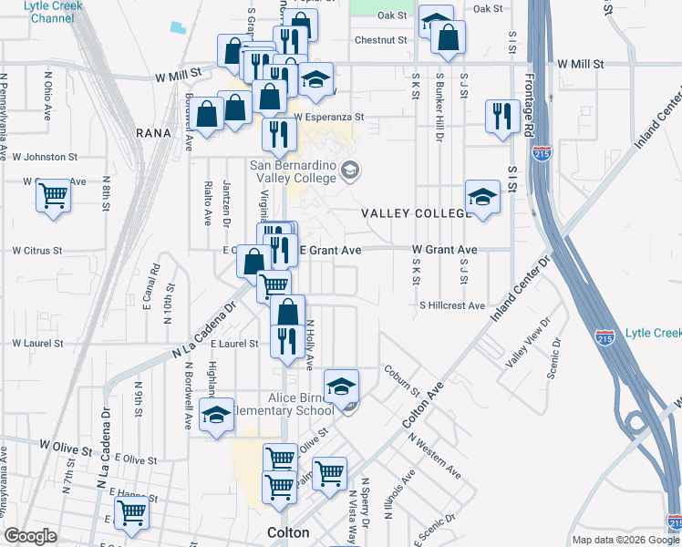 map of restaurants, bars, coffee shops, grocery stores, and more near 1452 North Fairview Avenue in Colton