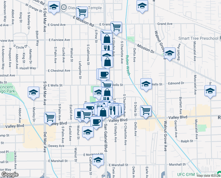 map of restaurants, bars, coffee shops, grocery stores, and more near 1315 South Gladys Avenue in San Gabriel