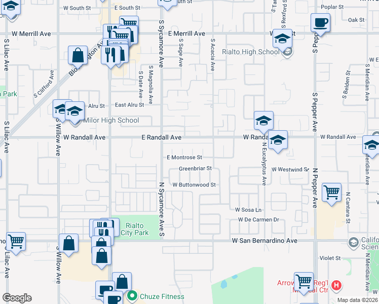 map of restaurants, bars, coffee shops, grocery stores, and more near 939 South Marcella Avenue in Rialto