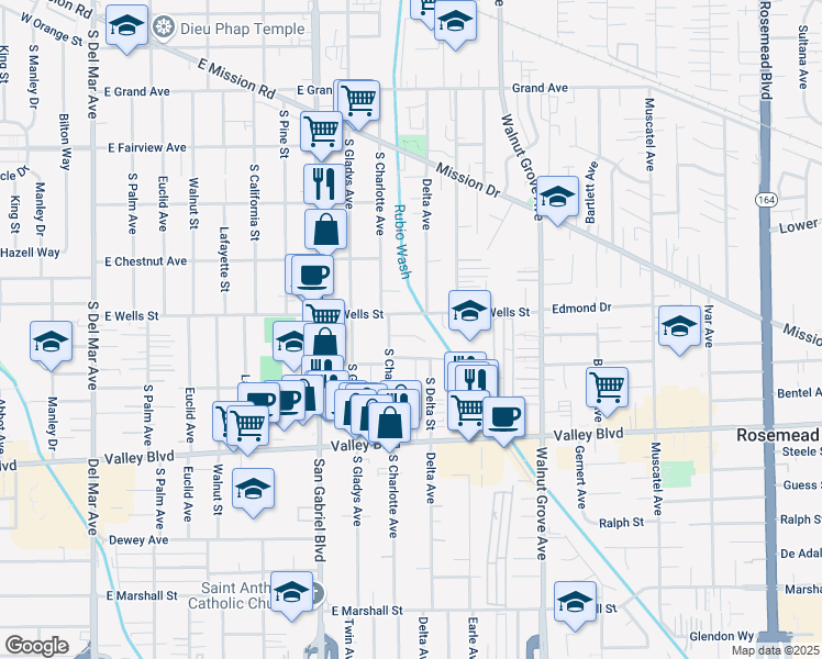 map of restaurants, bars, coffee shops, grocery stores, and more near 911 Wells Street in Rosemead