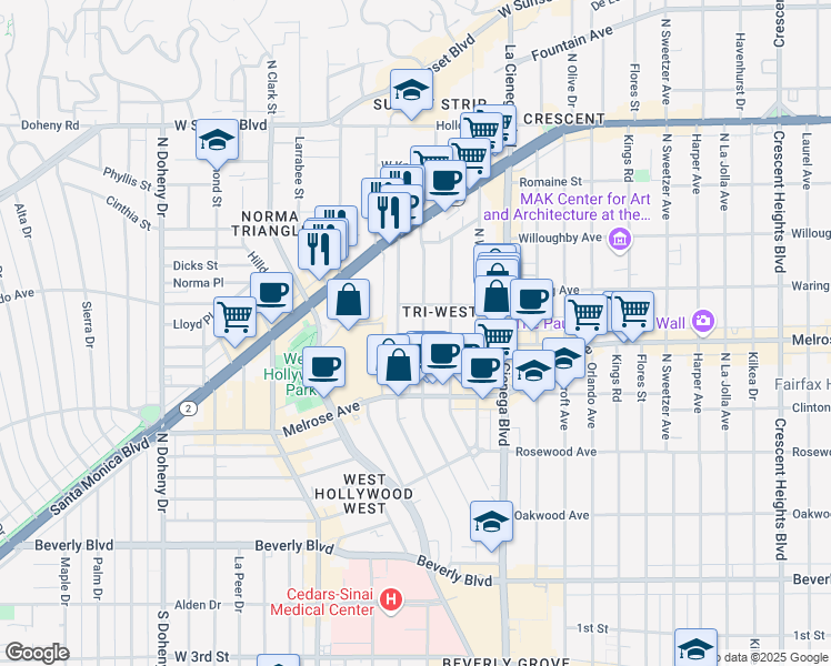 map of restaurants, bars, coffee shops, grocery stores, and more near 711 Westbourne Drive in West Hollywood