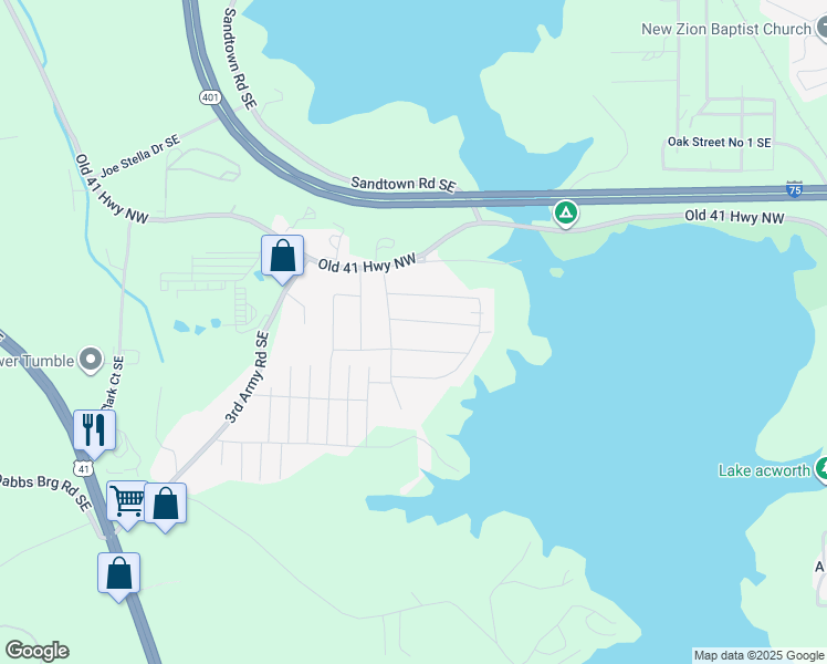 map of restaurants, bars, coffee shops, grocery stores, and more near 186 Sunset Road Southeast in Acworth
