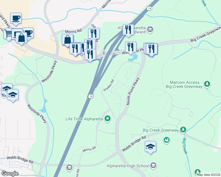 map of restaurants, bars, coffee shops, grocery stores, and more near 519 Headwind Way in Alpharetta