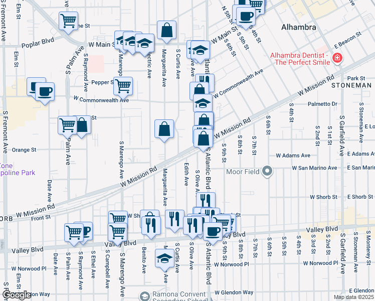 map of restaurants, bars, coffee shops, grocery stores, and more near 1221 West Mission Road in Alhambra