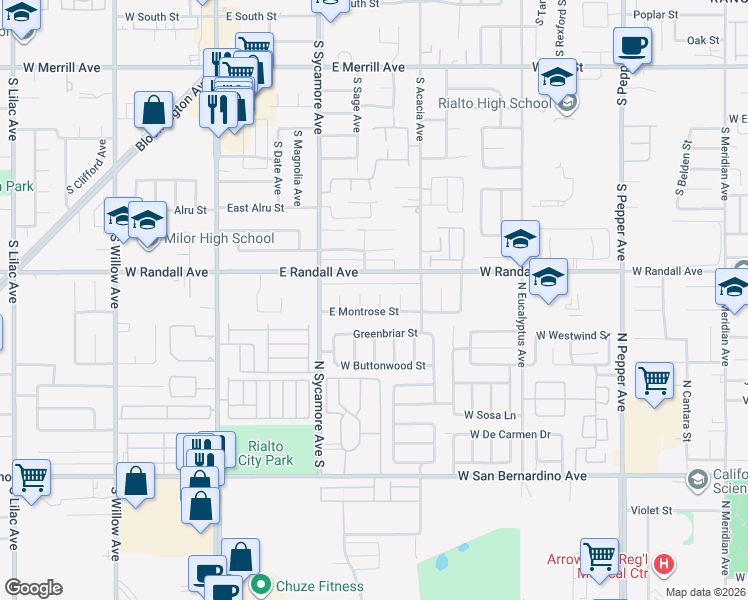 map of restaurants, bars, coffee shops, grocery stores, and more near 939 South Marcella Avenue in Rialto