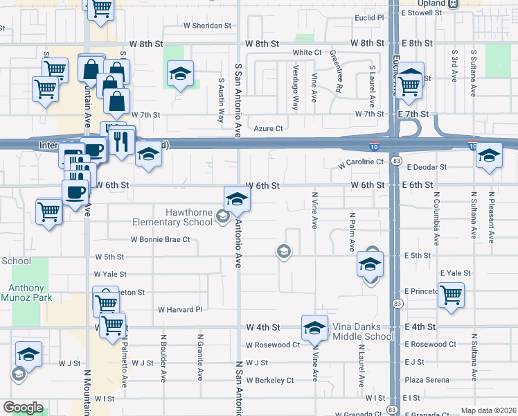 map of restaurants, bars, coffee shops, grocery stores, and more near 650 West La Deney Drive in Ontario