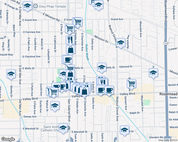 map of restaurants, bars, coffee shops, grocery stores, and more near 911 Wells Street in Rosemead