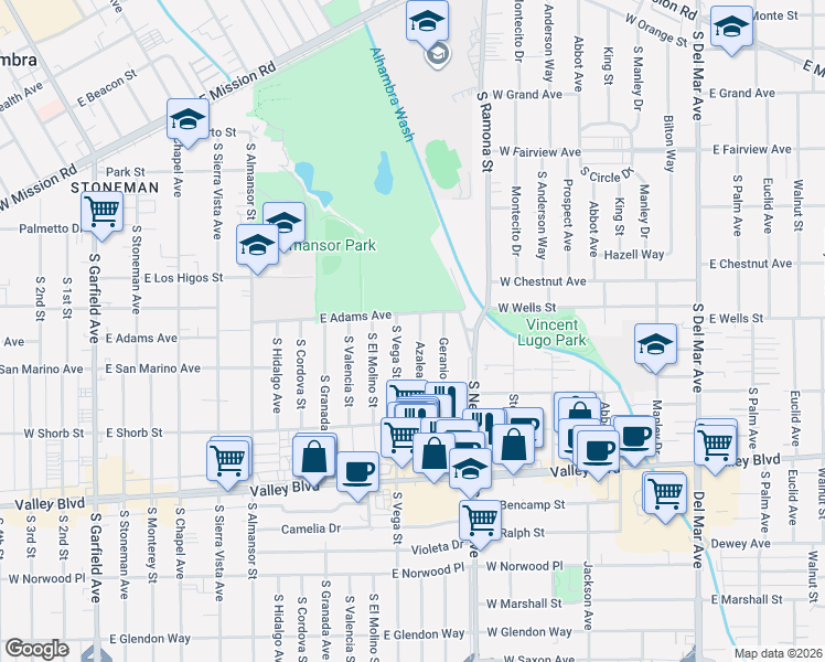 map of restaurants, bars, coffee shops, grocery stores, and more near 1000 Azalea Drive in Alhambra