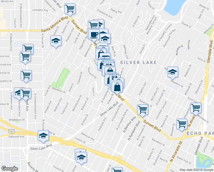 map of restaurants, bars, coffee shops, grocery stores, and more near 3110 Sunset Boulevard in Los Angeles
