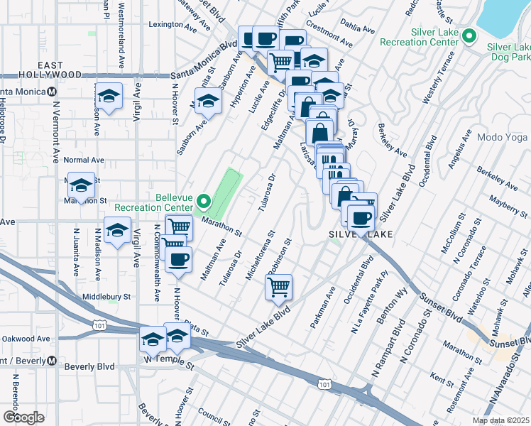 map of restaurants, bars, coffee shops, grocery stores, and more near 908 Kodak Drive in Los Angeles
