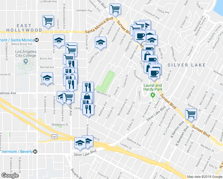 map of restaurants, bars, coffee shops, grocery stores, and more near 843 Maltman Avenue in Los Angeles