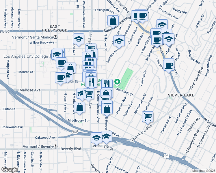 map of restaurants, bars, coffee shops, grocery stores, and more near 734 Hyperion Avenue in Los Angeles