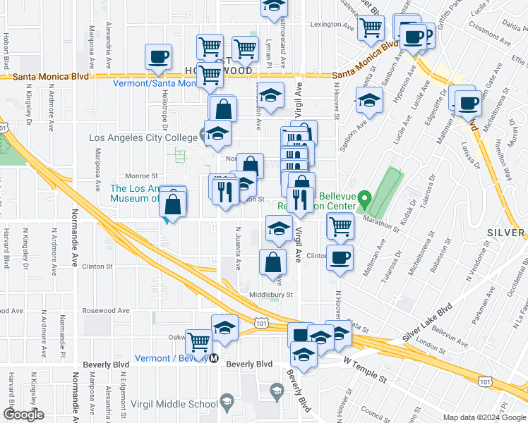 map of restaurants, bars, coffee shops, grocery stores, and more near 4044 Marathon Street in Los Angeles