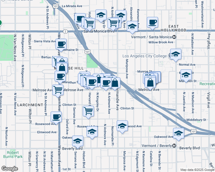 map of restaurants, bars, coffee shops, grocery stores, and more near 731 North Ardmore Avenue in Los Angeles