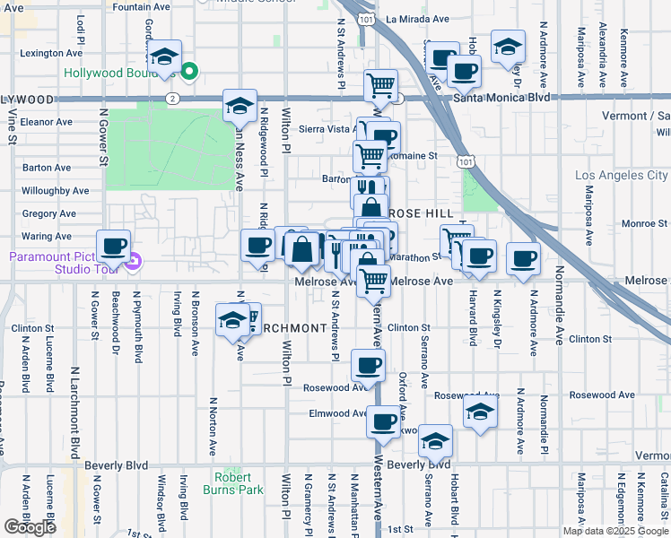 map of restaurants, bars, coffee shops, grocery stores, and more near 740 Saint Andrews Place in Los Angeles