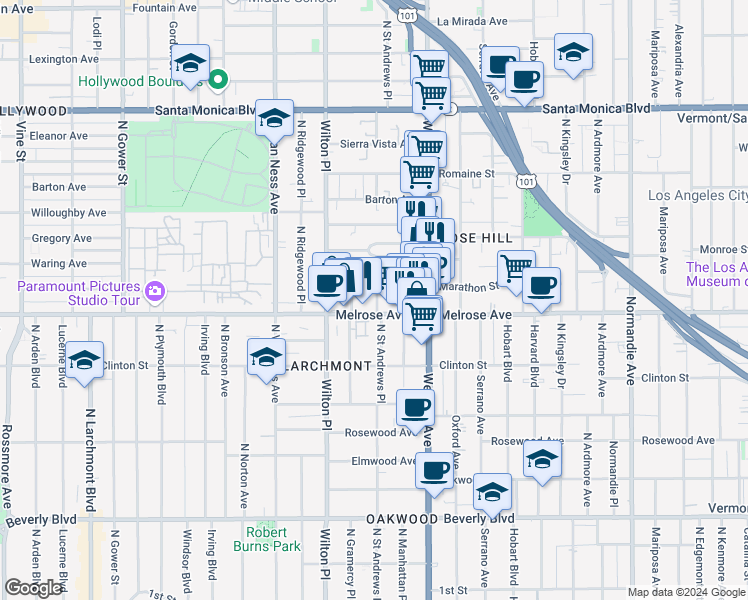 map of restaurants, bars, coffee shops, grocery stores, and more near 740 Saint Andrews Place in Los Angeles