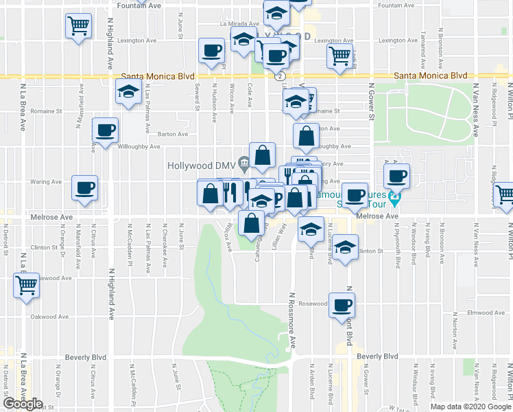 map of restaurants, bars, coffee shops, grocery stores, and more near 731 North Cahuenga Boulevard in Los Angeles