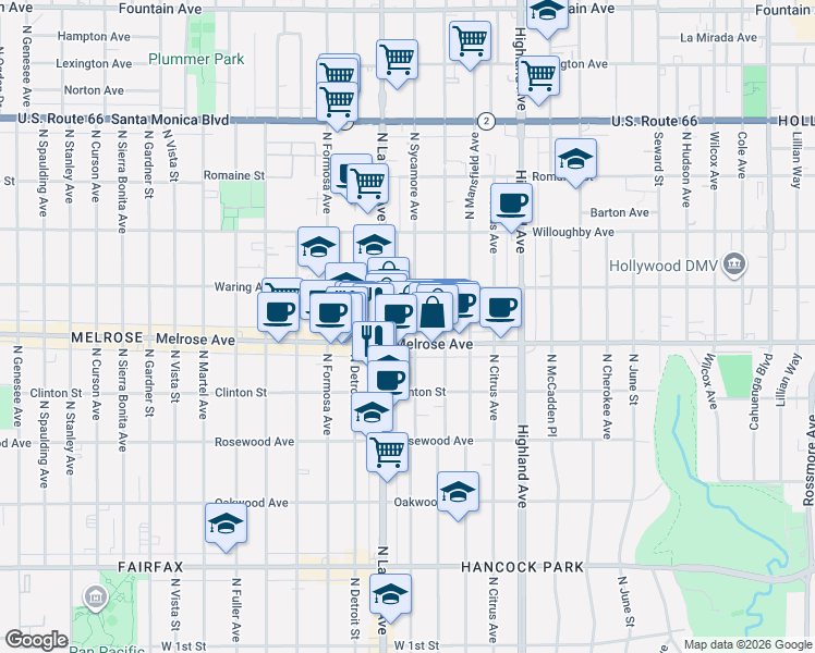 map of restaurants, bars, coffee shops, grocery stores, and more near 732 North Sycamore Avenue in Los Angeles