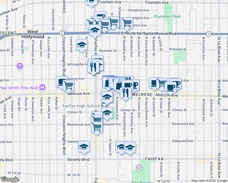 map of restaurants, bars, coffee shops, grocery stores, and more near 720 North Ogden Drive in Los Angeles