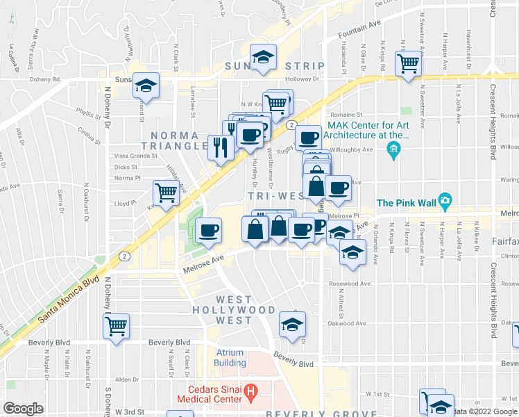 map of restaurants, bars, coffee shops, grocery stores, and more near 735½ Westbourne Drive in West Hollywood