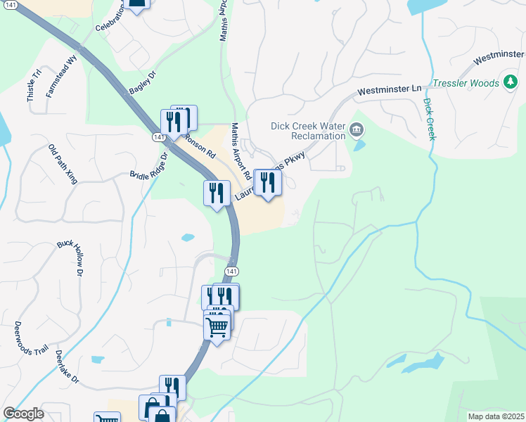 map of restaurants, bars, coffee shops, grocery stores, and more near 3245 Peachtree Parkway in Suwanee