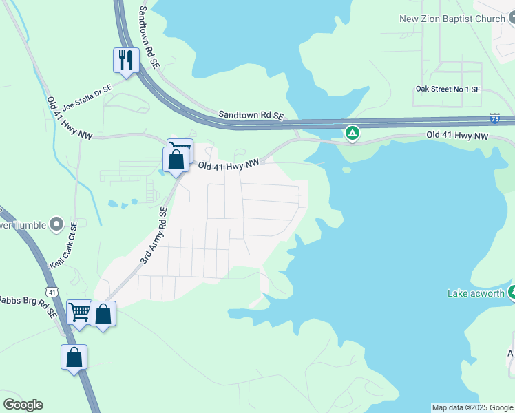 map of restaurants, bars, coffee shops, grocery stores, and more near 186 Sunset Road Southeast in Acworth