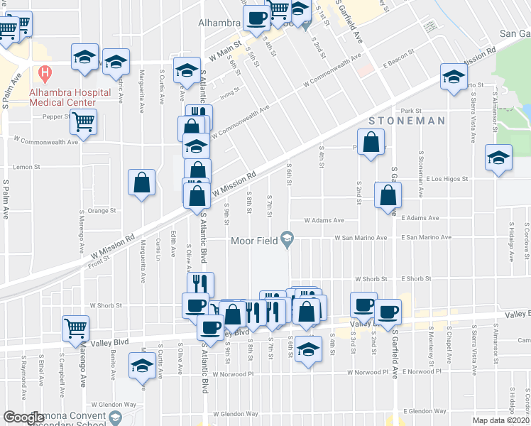 map of restaurants, bars, coffee shops, grocery stores, and more near 805 South 7th Street in Alhambra