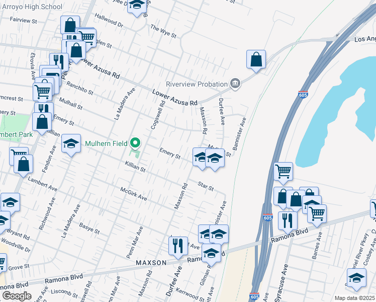 map of restaurants, bars, coffee shops, grocery stores, and more near 12141 Emery Street in El Monte