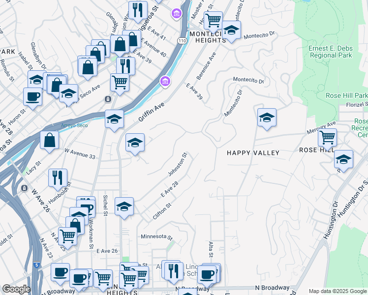 map of restaurants, bars, coffee shops, grocery stores, and more near 3247 Johnston Street in Los Angeles