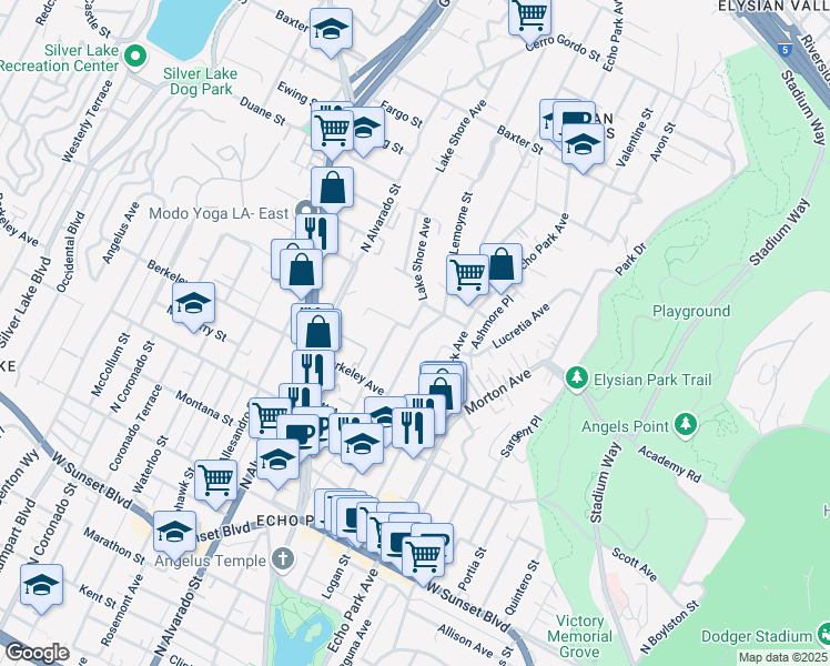 map of restaurants, bars, coffee shops, grocery stores, and more near 1812 Effie Street in Los Angeles