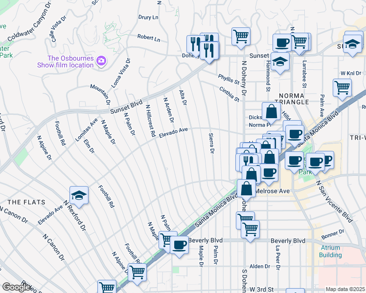 map of restaurants, bars, coffee shops, grocery stores, and more near 624 North Arden Drive in Beverly Hills