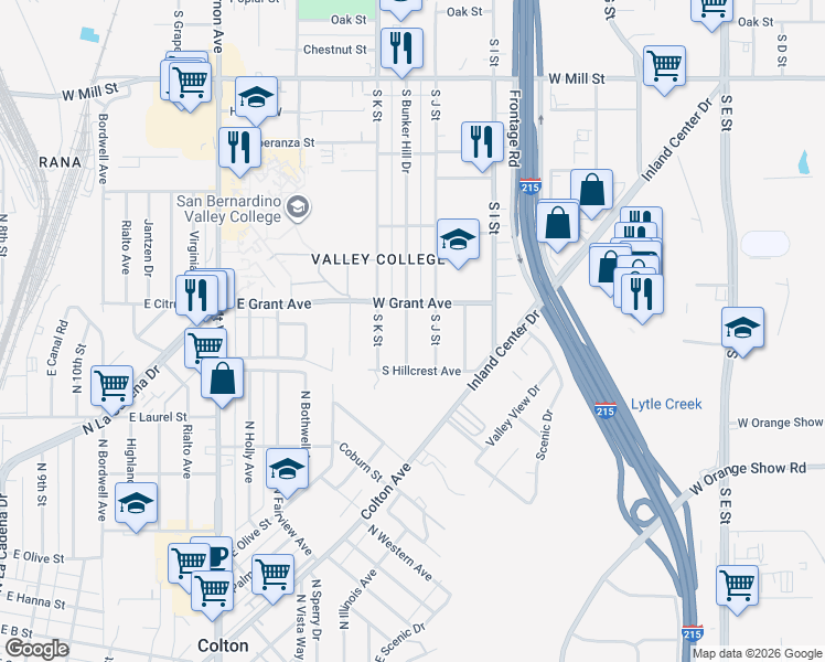 map of restaurants, bars, coffee shops, grocery stores, and more near 839 South Bunker Hill Drive in San Bernardino