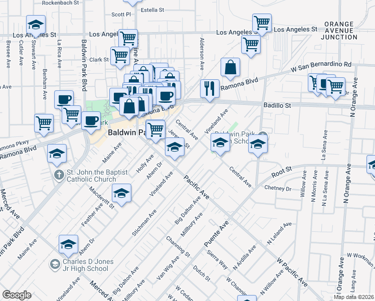 map of restaurants, bars, coffee shops, grocery stores, and more near 3879 Vineland Avenue in Baldwin Park