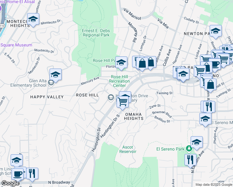 map of restaurants, bars, coffee shops, grocery stores, and more near 4509 Huntington Drive North in Los Angeles