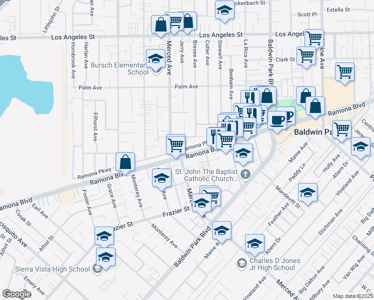 map of restaurants, bars, coffee shops, grocery stores, and more near 13822 Ramona Parkway in Baldwin Park