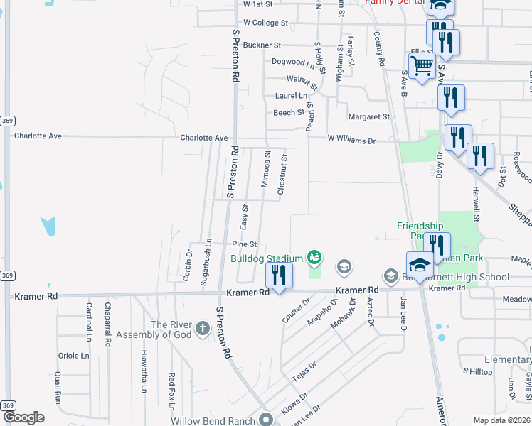 map of restaurants, bars, coffee shops, grocery stores, and more near 905 Mimosa Street in Burkburnett