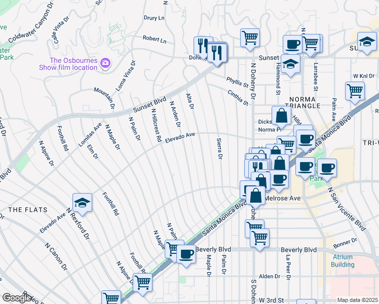 map of restaurants, bars, coffee shops, grocery stores, and more near 624 North Arden Drive in Beverly Hills